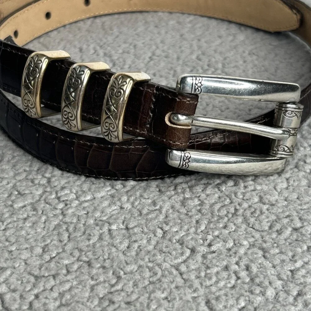 Brighton Belt Womens Small 26 Brown Leather Croc Two Tone Gold Silver Western - Picture 1 of 8